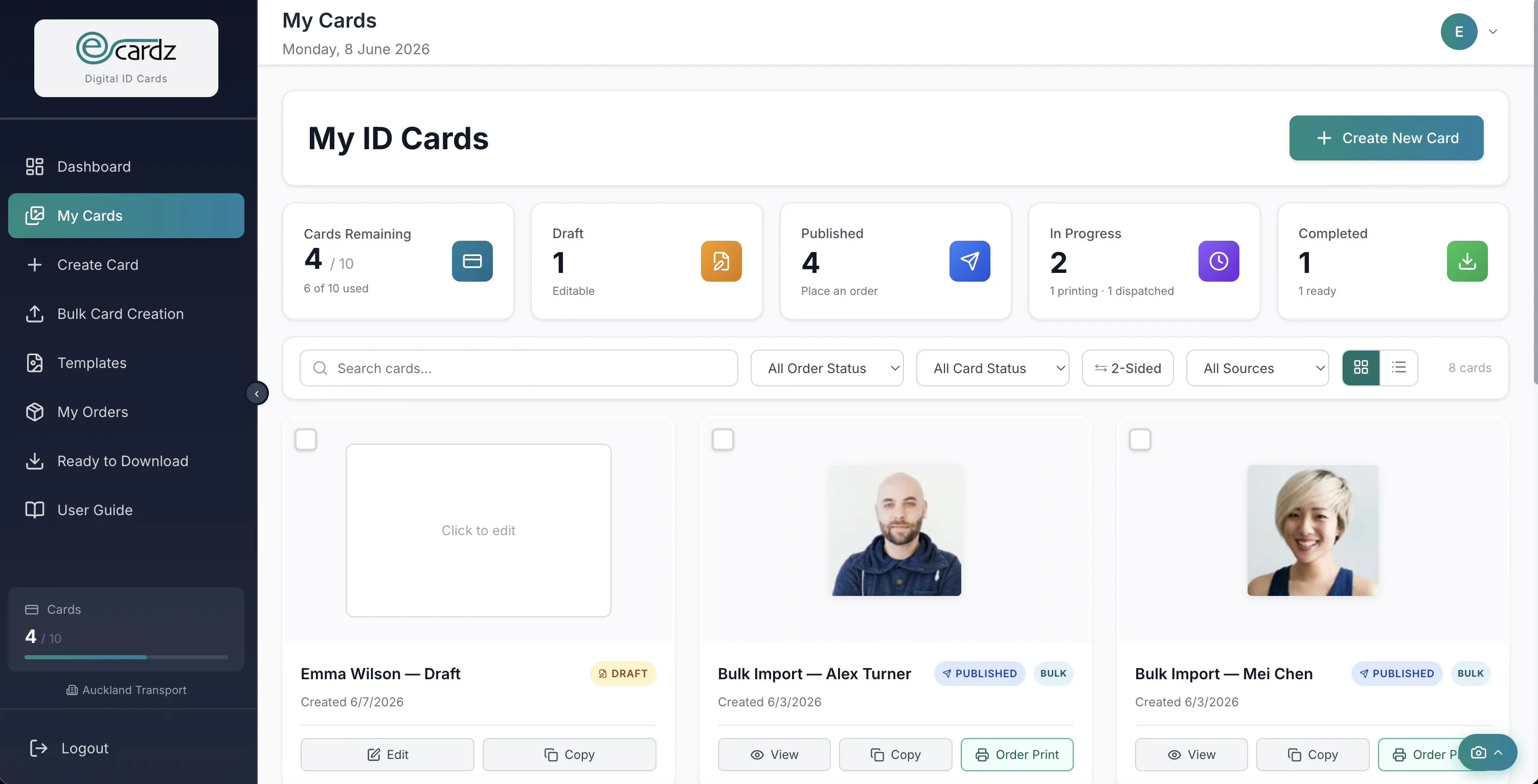 My Cards gallery — filter by stage, bulk publish, and batch ordering